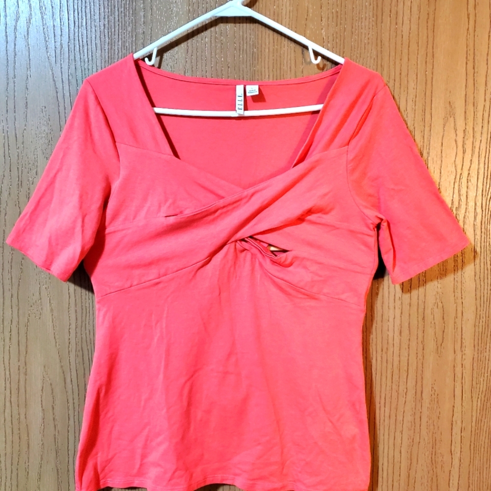 Elle Short Sleeve Criss Cross Casual Knit Top size Large